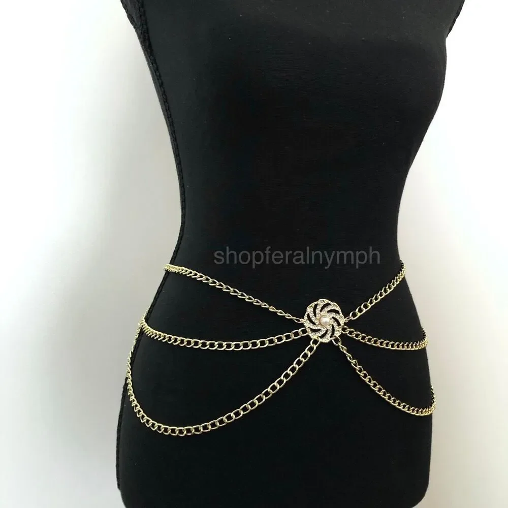Coquette Gold Rhinestone Pearl Draped Chain Belt, Fits 28–41 Inches, X7GA1186